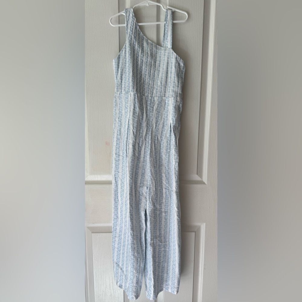 Geo Print Asymmetrical Jumpsuit, Blue - Picture 8 of 9